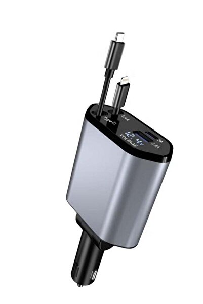 Denx شاحن سيارة قابل للسحب 4 في 1 مع USB-C وLightning وMicro-USB وPD للشحن السريع - أسود