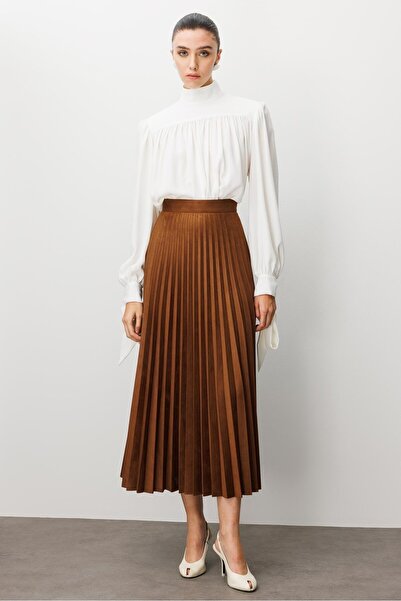 Moda İlgi MODAİLGİ Pliseli Uzun Süet Etek 30005 Taba