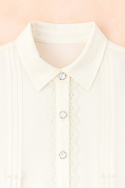 SVART WEAR Cămașă albă cu detaliu din dantelă pentru fete – Cămașă școlară din bumbac Girl School White Shirt