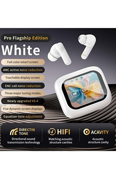 Denx Smart Bluetooth Earbuds with Touch Screen, ANC/ENC, 320mAh Case, LCD Display - White