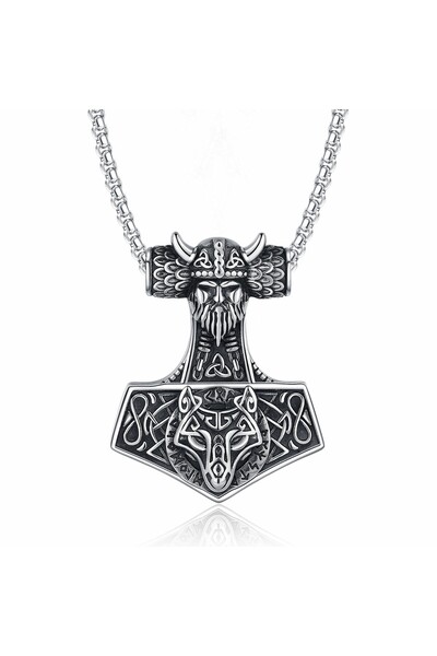 Viking Norse Valknut Motif Thor Hammer Axe Design S+ Quality 316L Stainless Tarnish Free Steel Pendant