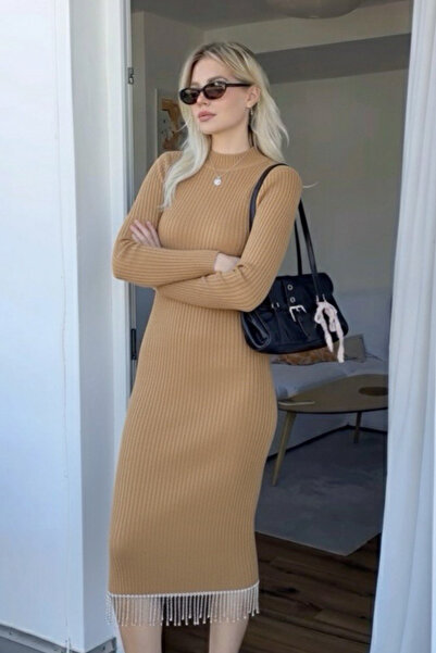 oshebu Rochie de tricotat cu piatră pentru femei guler ridicat