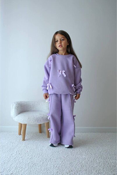 ARBİ kids Girls' Bow Applique Purple Three-Thread Fleece-Lined Winter Soft Suit
