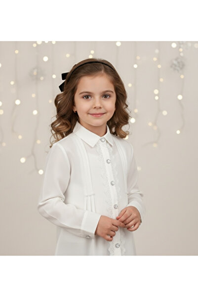 SVART WEAR Cămașă albă cu detaliu din dantelă pentru fete – Cămașă școlară din bumbac Girl School White Shirt