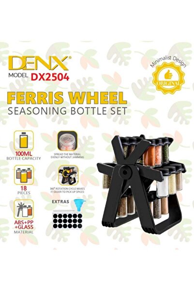Denx Rotating Spice Rack with 18 Glass Jars, 360° Rotating Wheel-Shaped Spice Bottle Set