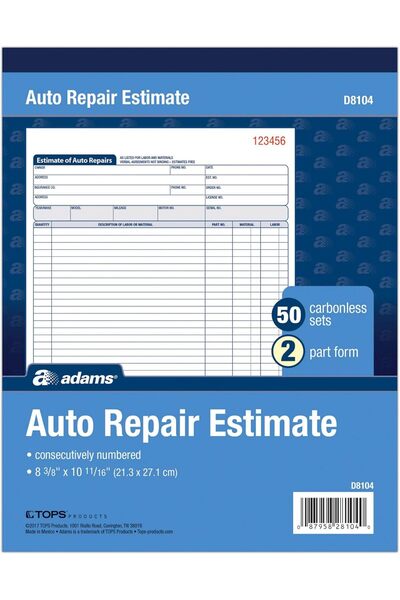 Adams Auto Repair Estimate Book, 2-Part Carbonless, White/Canary, 21.27×27.14 cm, 50 Sets (D8104)