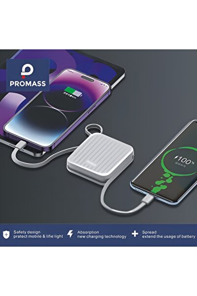 Promass Compact 10000mAh power bank with built-in 2 cables, supports 22.5W fast charging, and features a digital display.