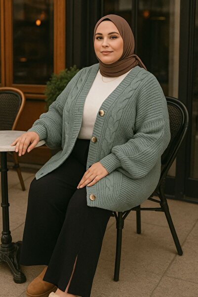 Cherry Butik Büyük Beden Tesettür Mint Yeşil Salaş Düğmeli Hırka