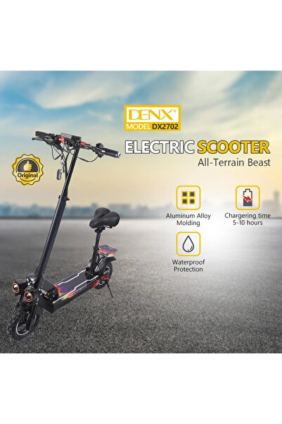 Denx The DENX DX2702 electric scooter has a 500W motor, a 48V battery, and a range of up to 80km.