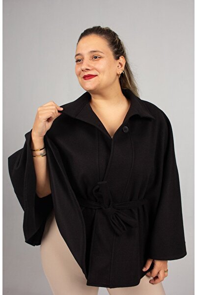 Truva XXL Plus Size Cashmere Belted Poncho Black