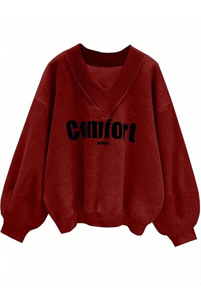 ROYAL FASHİON Kadın 3 Iplik Bordo Comfort In Paris Baskılı V Yaka Oversize Sw...