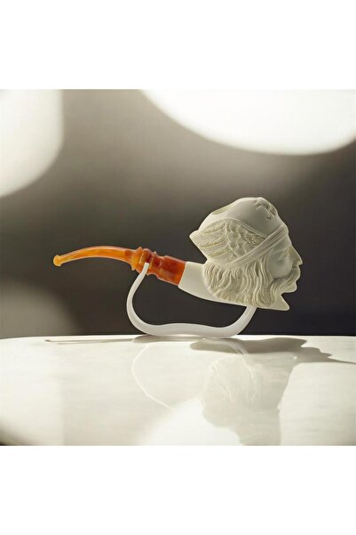 Altınışık Lületaşı El Oyması Lületaşı Pipo – Savaşçı Başı Figürlü, Amber Ağız...