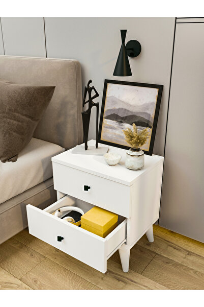 MONTENERO Komodin Parlak Beyaz 2 Çekmeceli Komodin Yatak Odası