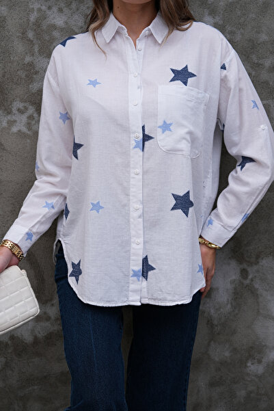 FancyWorld White Single Pocket Star Embroidered 75% Cotton 25% Linen Shirt