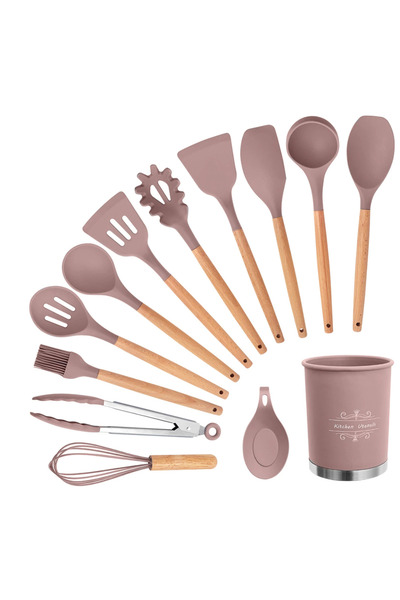 LILY Set of 12 kitchen utensils with pink wooden handles