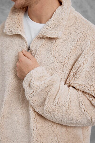 NOMARC Cream Lns Half Zipper Plush Sweatshirt