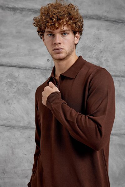 NOMARC Brown 251 Half Zip Polo Neck Basic Knitwear
