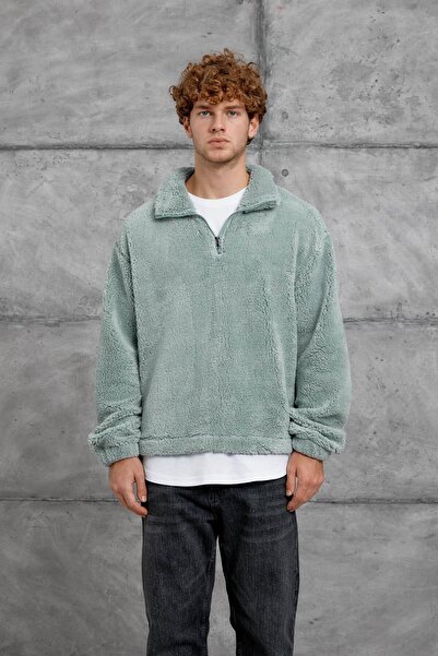 NOMARC Mint Green Lns Half Zipper Plush Sweatshirt