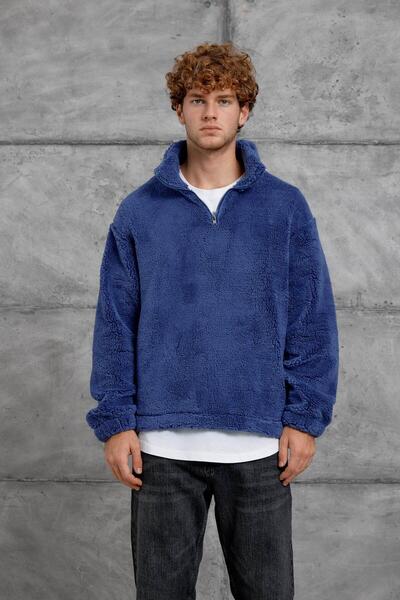 NOMARC SWEATSHIRT DE PLUȘ ALBASTRU LNS CU JUMĂTATE DE FERMUAR