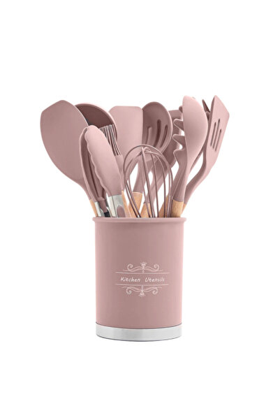 BASHAR Set of 13 PINK non-stick silicone kitchen utensils with bamboo handle PREMIUM quality