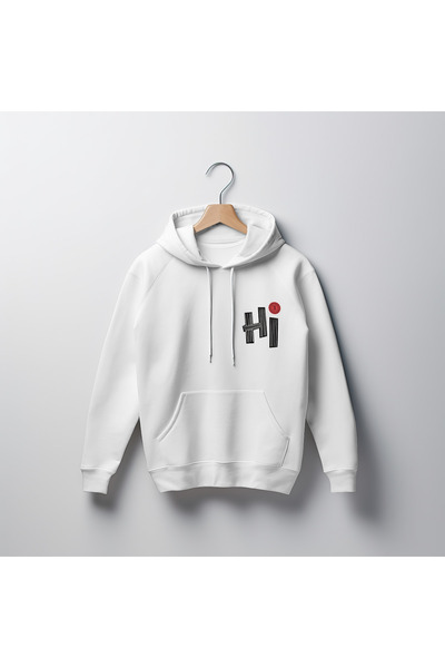 Hİ Baskılı Unisex Standart Fit Kapüşonlu Şardonlu Pamuklu Beyaz Sweatshirt