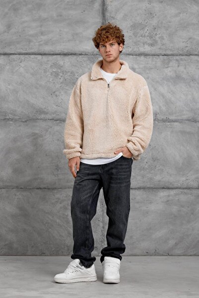 NOMARC Cream Lns Half Zipper Plush Sweatshirt