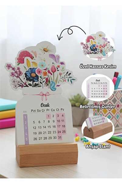 Joyygift 2026 Ahşap Ayaklı Çiçekli Özel Tasarım Özel Kesim Hediyelik Minik Takvim Masaüstü Takvim Hediyelik