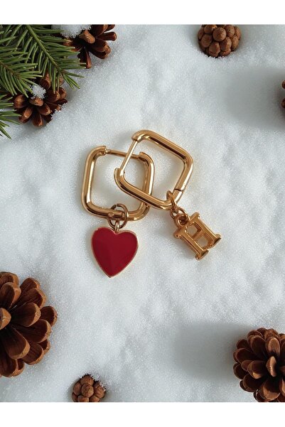 Amabel Jewelerys Red Heart and Letter Chram Square Steel Earrings