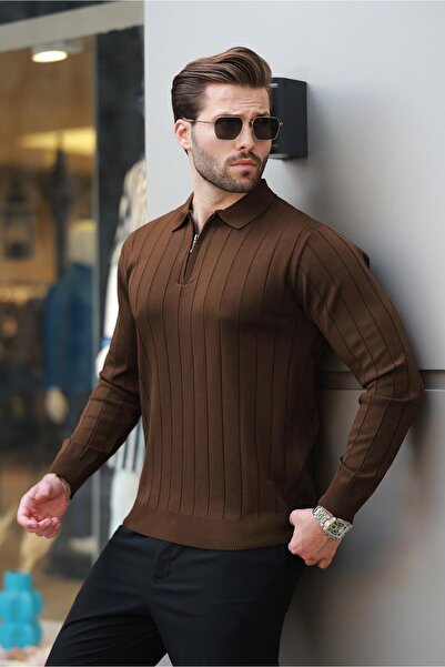 Madmext Mink Polo Neck Zippered Knitted Sweater 7242