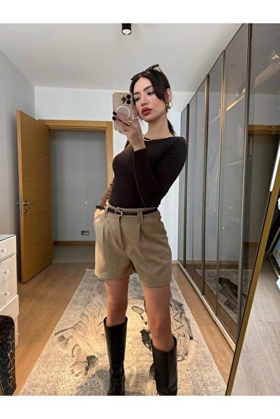 büşra gülşen Kadın Süet Açık Kahverengi Kemerli Şort