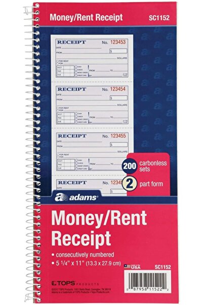 Adams 2-Part Carbonless Receipt Book, Spiral 5-1/4 x 11 in, 200 Sets (SC1152), Yellow