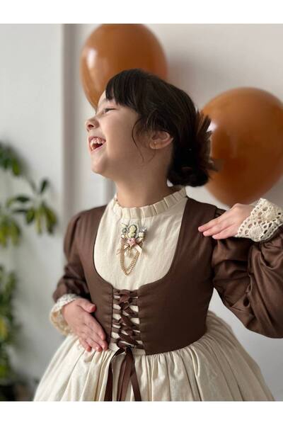 Sare Çocuk Giyim Premium Brown Lace-Up Vest Detailed Special Day Cosplay Dress + Buckle
