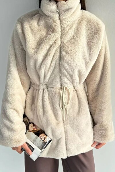 VESS MODA Women's Rabbit Fur Waist Drawstring Lined Coat