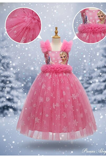 Asyagiyimavm Elsa Baskılı Tütü Etekli Pul Payetli Fiyonklu Pembe Çocuk Abiye Elbise