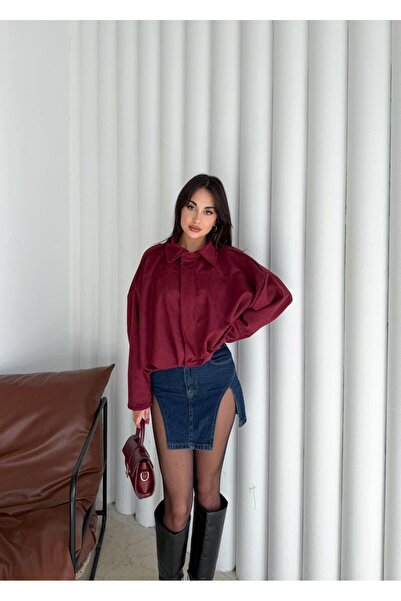 maf collection Women's Burgundy Bomber Detail Zippered Suede Jacket