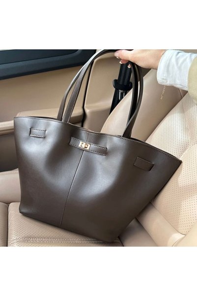 cosybag. Lock Detailed Cross Strap Faux Leather Hand Shoulder Bag Dark Brown