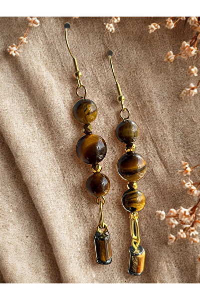 ayrestyle Gold Color Women's Earrings with Tiger's Eye and Hematite Natural Stones (Handmade, 8 cm)