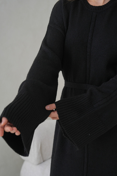 MAMAYAGA Women's Long Sleeve Crew Neck Textured Belted Knitwear Suitable for Hijab Sporty Stylish Maxi Length Long Dress