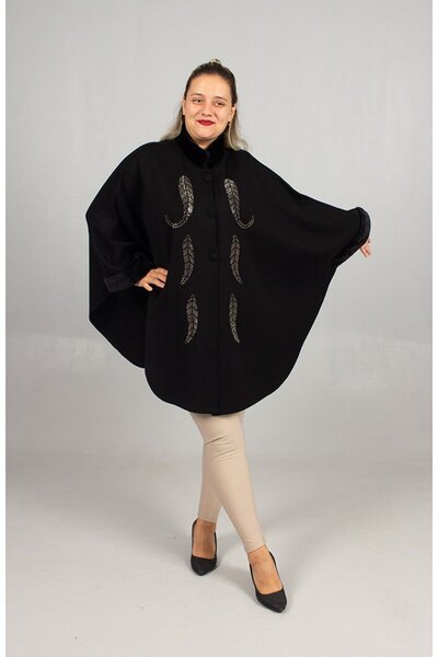 Truva XXL Dazzling Elegance: Black Stone Embroidered Faux Fur Collar Oversized Poncho up to Size 58