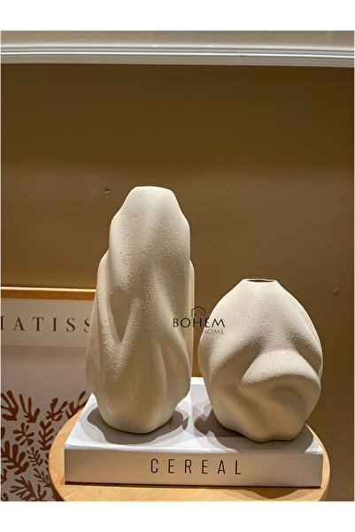 BOHEM HOME 2li Seramik Bej Dokulu Dalgalı Vazo Seti