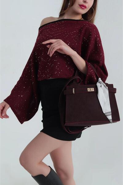 cosybag. Women's Lock Belt Detailed Suede Cross Strap Hand Shoulder Bag Burgundy