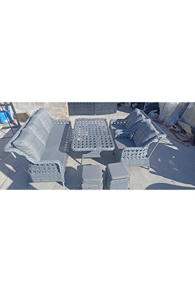 NEPS METAL GRİ RATTAN BAHÇE VE BALKON TAKIMI 3+1+1 ARTI MASA 2 PUF MİNDER VE ...