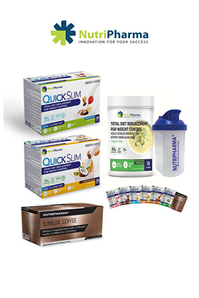 NUTRIPHARMA QUICK SLIM Tam Diyet Seti (60 saşe Öğün Shake, 10 porsiyon Protein Çorba ve 30 saşe Form Kahve, Shaker)