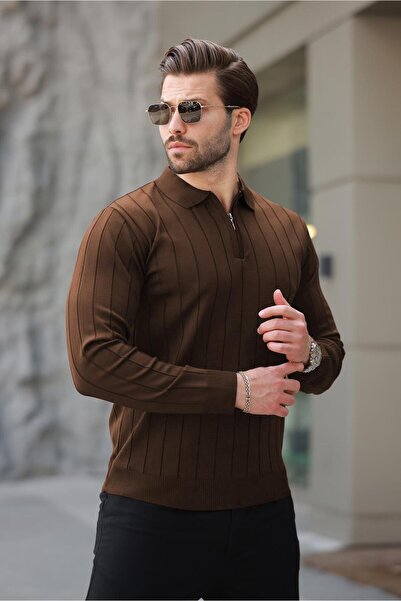 Madmext Mink Polo Neck Zippered Knitted Sweater 7242