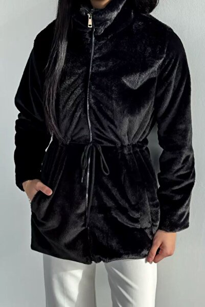 VESS MODA Women's Rabbit Fur Waist Drawstring Lined Coat