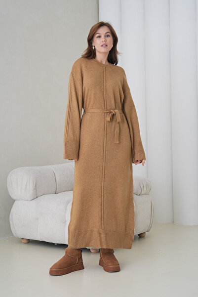 MAMAYAGA Women's Long Sleeve Crew Neck Textured Belted Knitwear Suitable for Hijab Sporty Stylish Maxi Length Long Dress