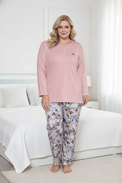 bie's Women's Floral Pattern 3 Button Stretch Fabric Viscose Transitional Plus Size Long Sleeve Pajamas Set