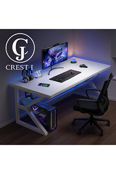 Crestj Gaming computer desk, comfortable gaming table with K-shaped steel legs and cable loops, durable 140cm