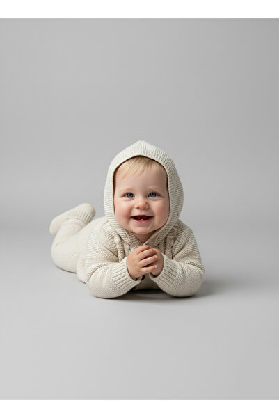 Çocuksan Baby&Kids Wear Beige 3-Piece Unisex Baby Girl-Boy Set Geometric Patterned Hooded Knitwear Baby Set