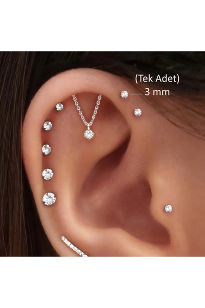 Heppii 3 MM Tektaş Cerrahi Çelik Piercing Tragus Helix Kıkırdak Conch Gümüş Renk 8 Mm